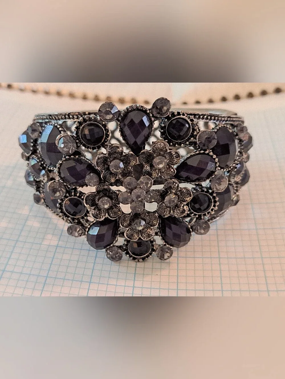 Vintage-Inspired Black Crystal Statement Hinged Bangle Bracelet